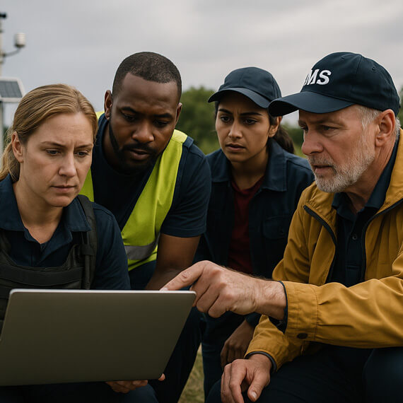 Team huddled around a laptop in the field